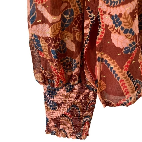 A.L.C. Silk Chiffon Metallic Thread Keyhole blouse High Neck Botanical Print - Picture 6 of 11